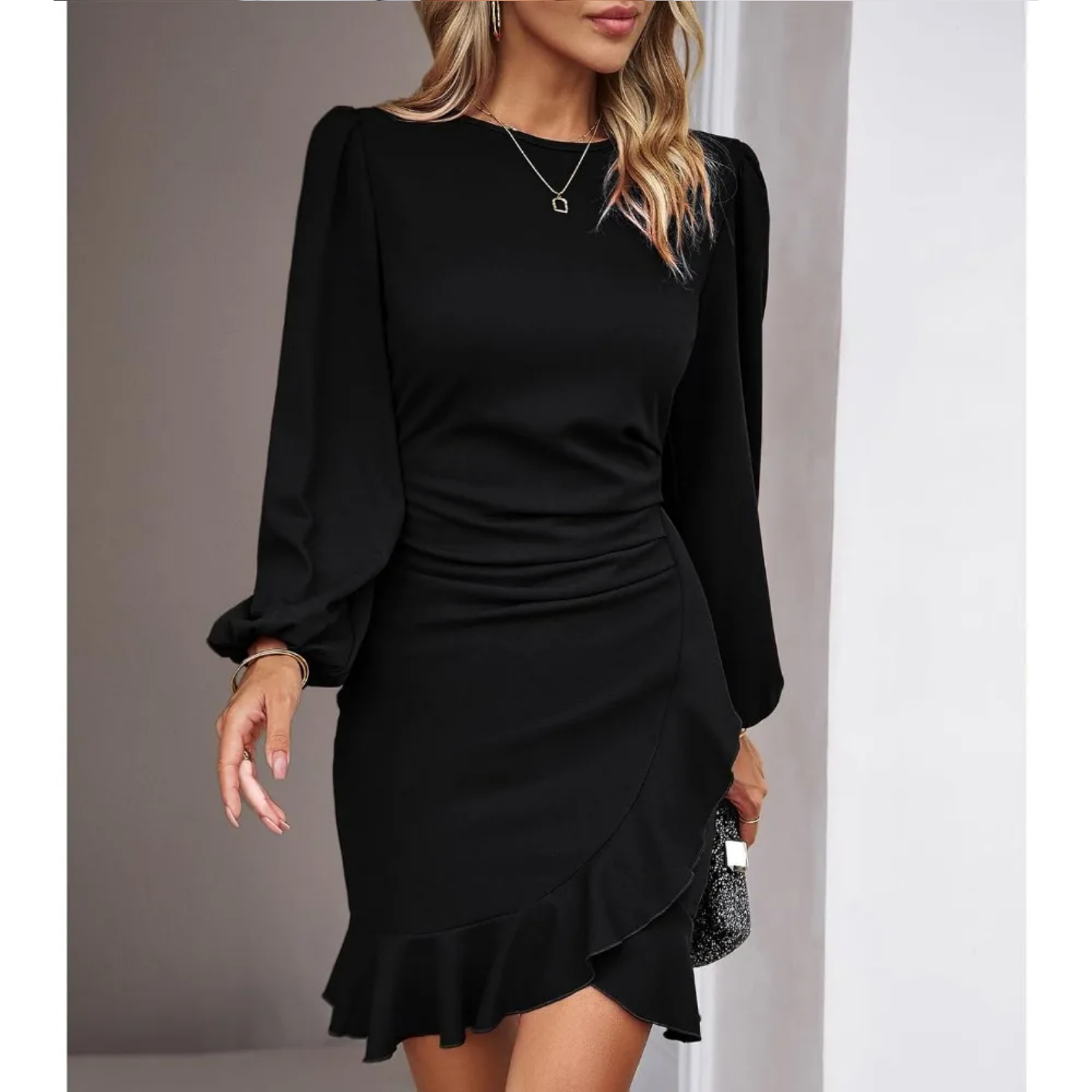 Autumn Elegant Solid Round Neck Bubble Sleeve Dress