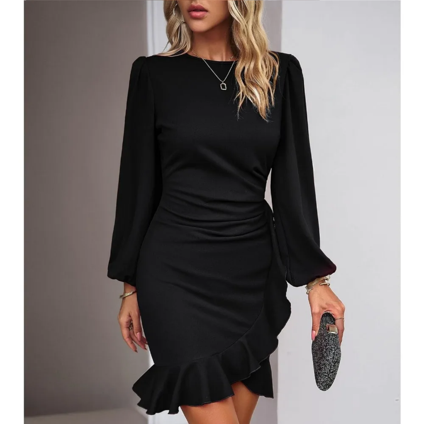 Autumn Elegant Solid Round Neck Bubble Sleeve Dress