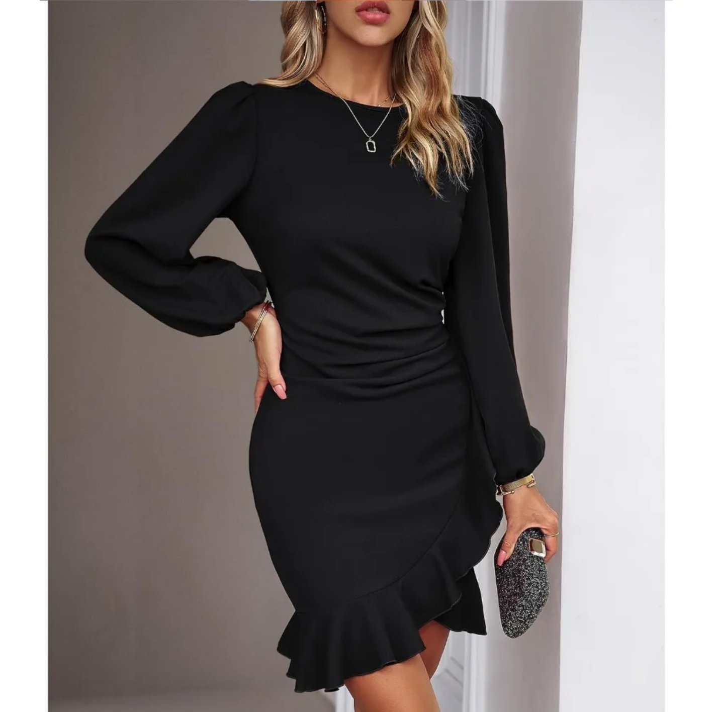 Autumn Elegant Solid Round Neck Bubble Sleeve Dress