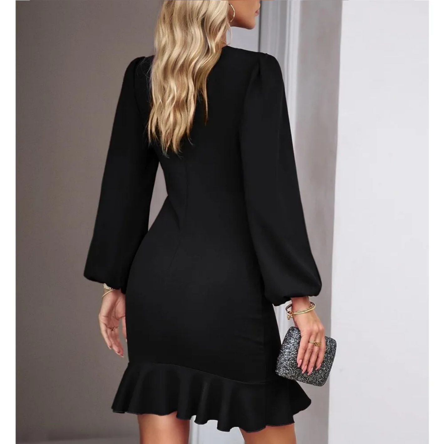 Autumn Elegant Solid Round Neck Bubble Sleeve Dress