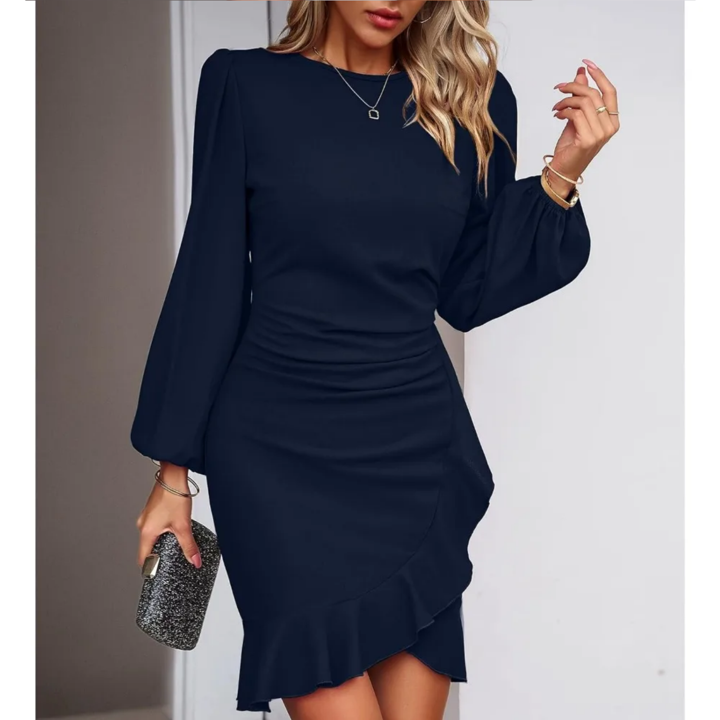 Autumn Elegant Solid Round Neck Bubble Sleeve Dress