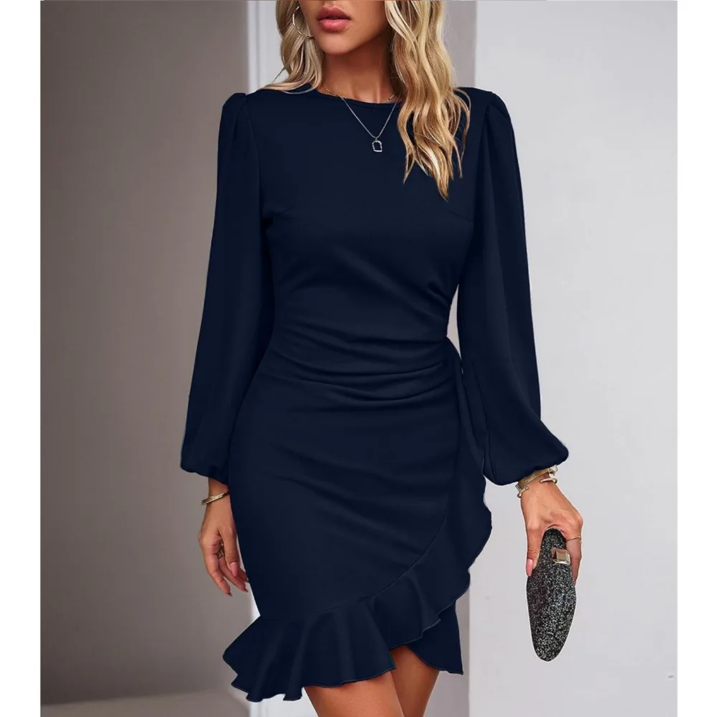 Autumn Elegant Solid Round Neck Bubble Sleeve Dress