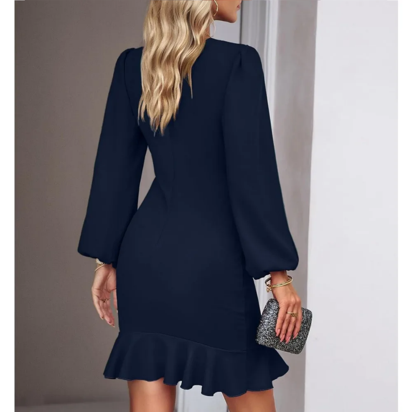 Autumn Elegant Solid Round Neck Bubble Sleeve Dress