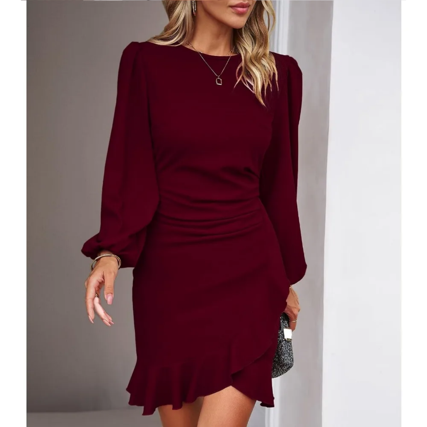 Autumn Elegant Solid Round Neck Bubble Sleeve Dress