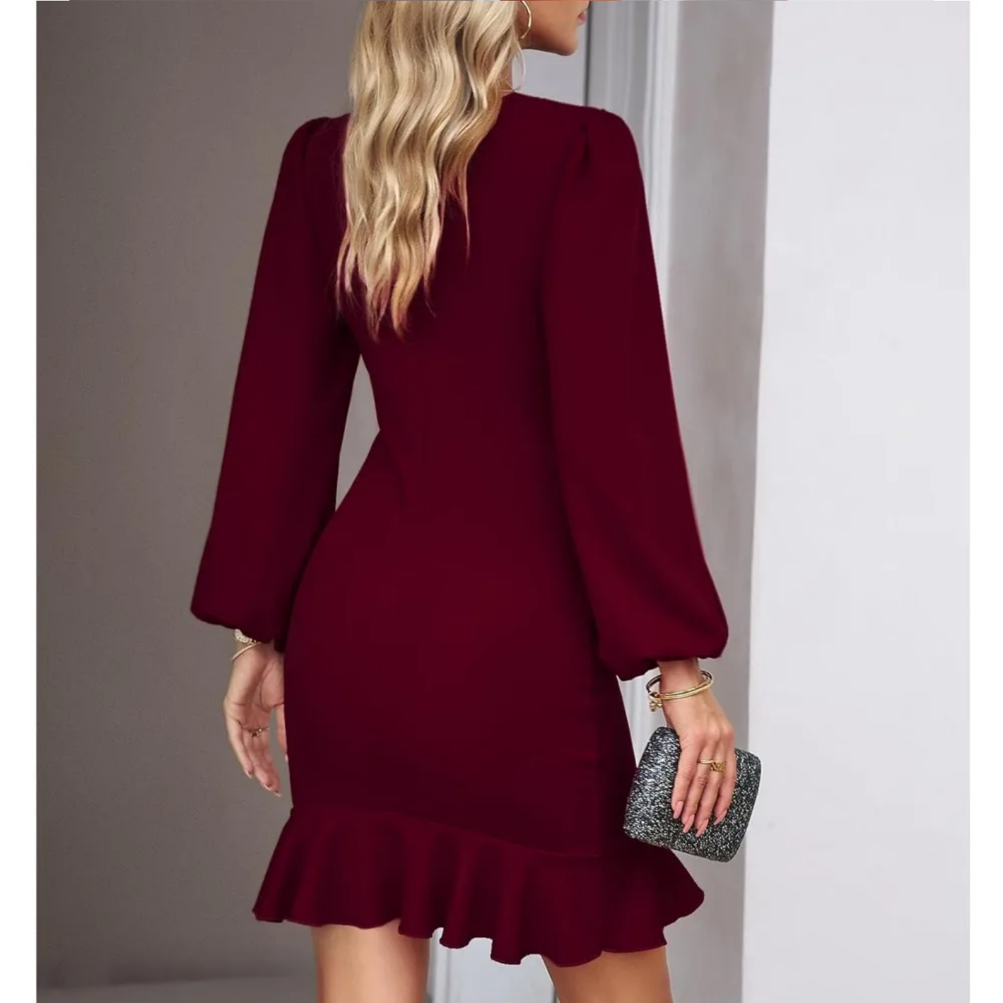 Autumn Elegant Solid Round Neck Bubble Sleeve Dress