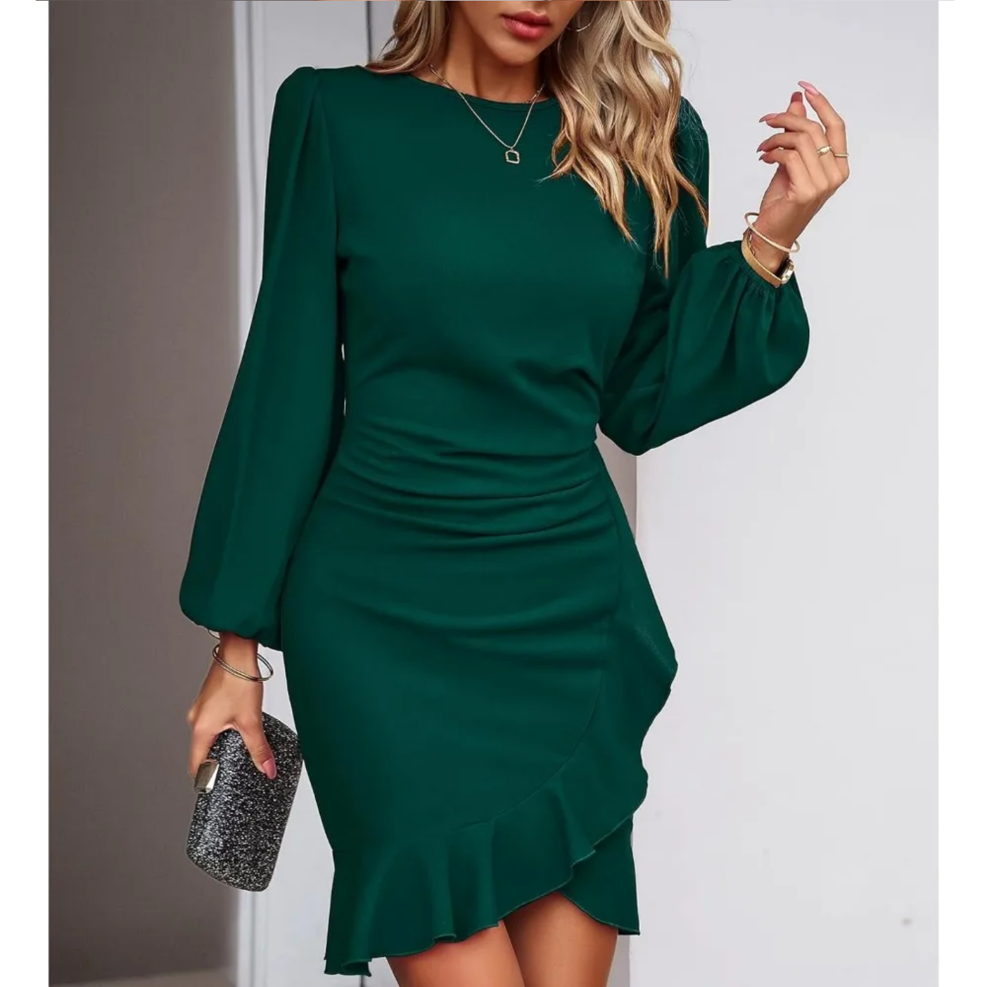 Autumn Elegant Solid Round Neck Bubble Sleeve Dress