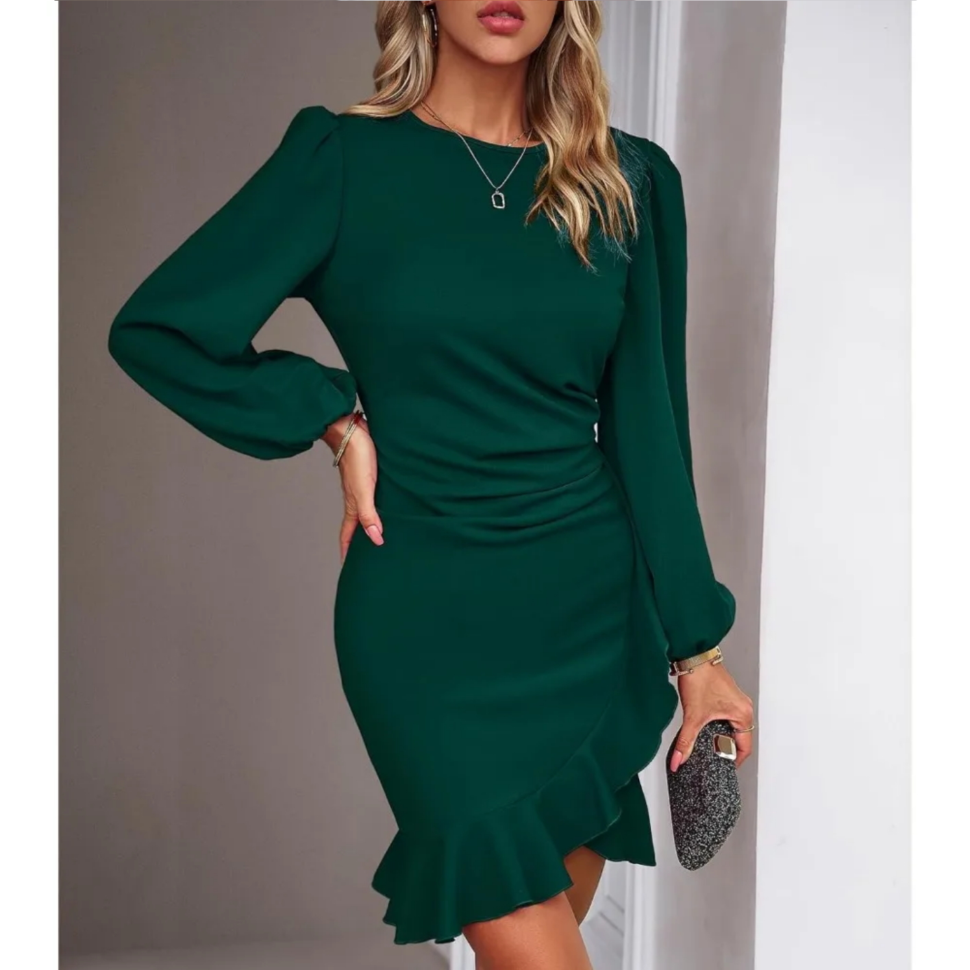 Autumn Elegant Solid Round Neck Bubble Sleeve Dress