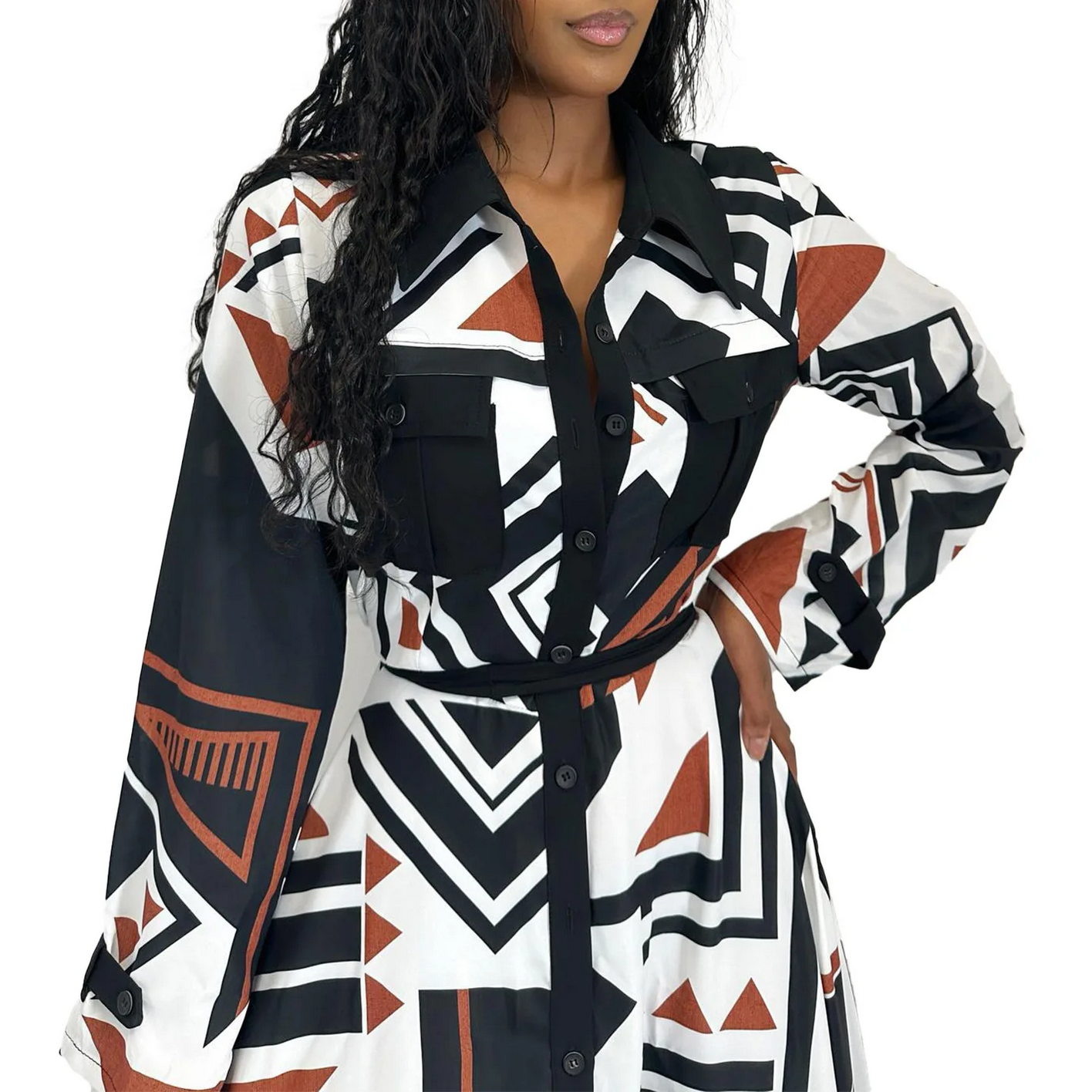 White Blue Yellow Polyester Autumn African Long Sleeve V-neck Printing Long Dress