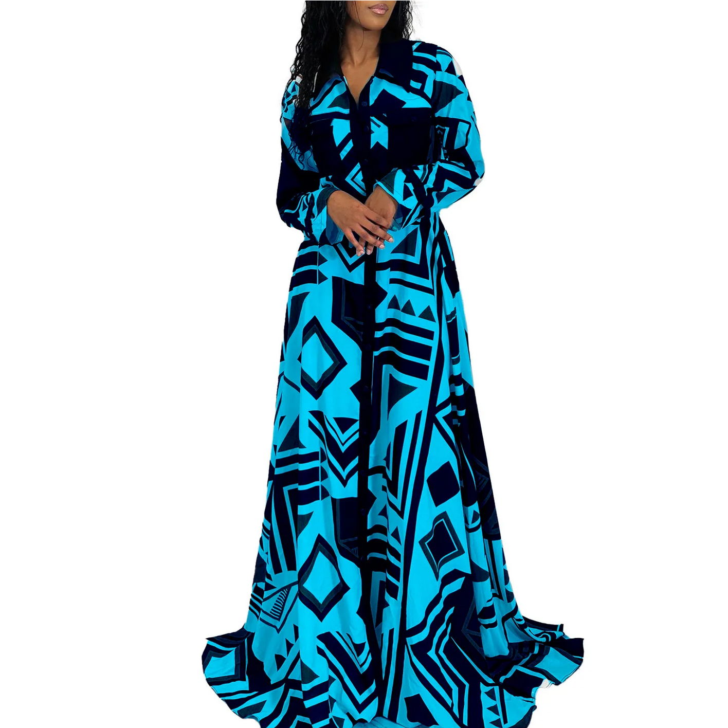 White Blue Yellow Polyester Autumn African Long Sleeve V-neck Printing Long Dress