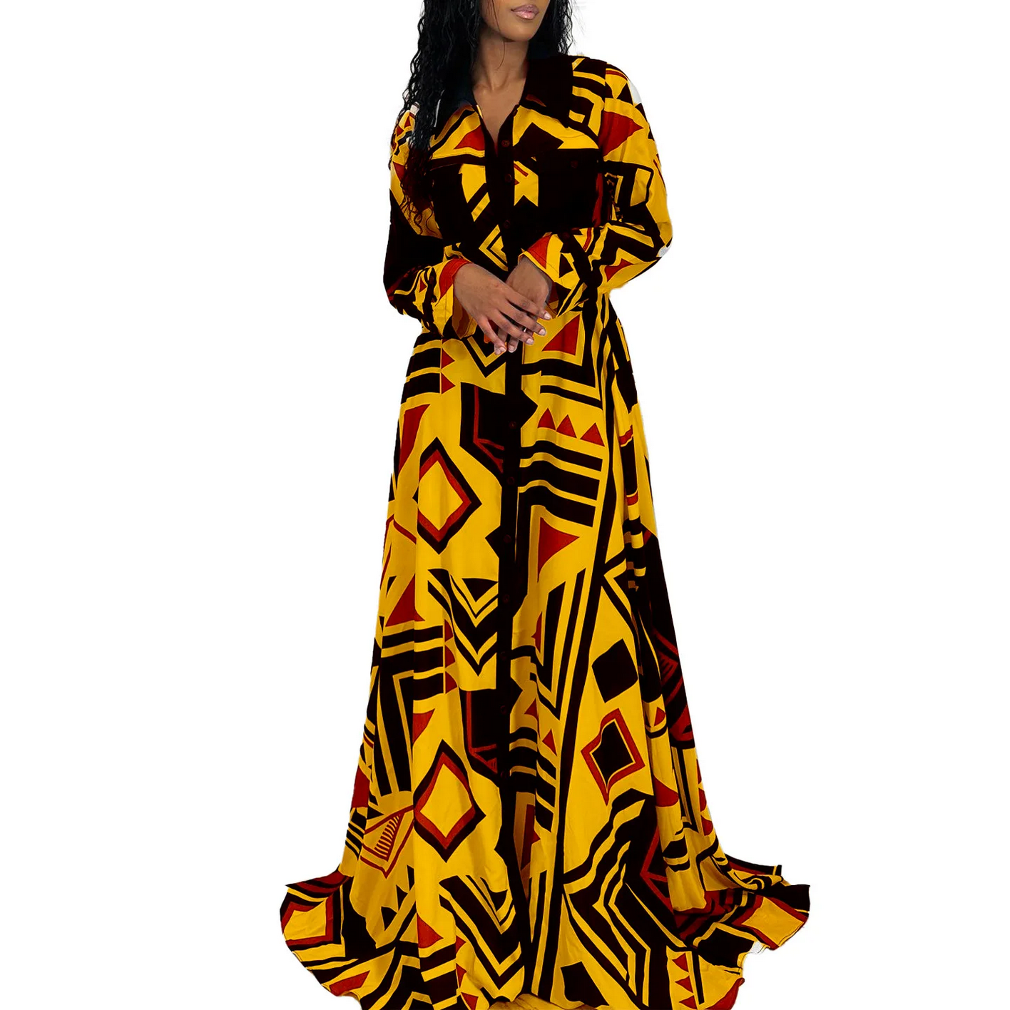 White Blue Yellow Polyester Autumn African Long Sleeve V-neck Printing Long Dress