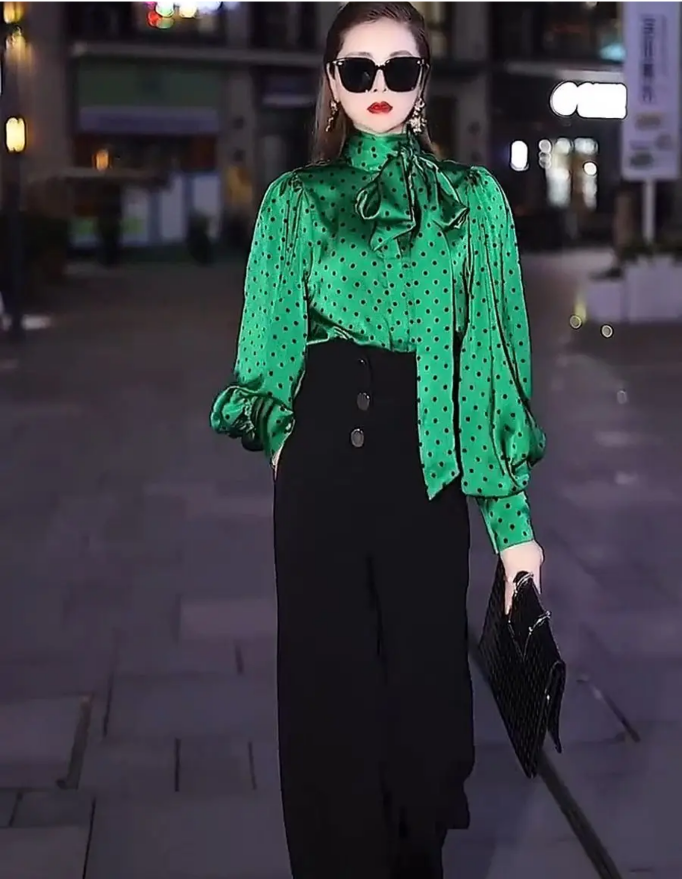 Fashion Scarf Collar Lace Up Bow Polka Dot Blouses