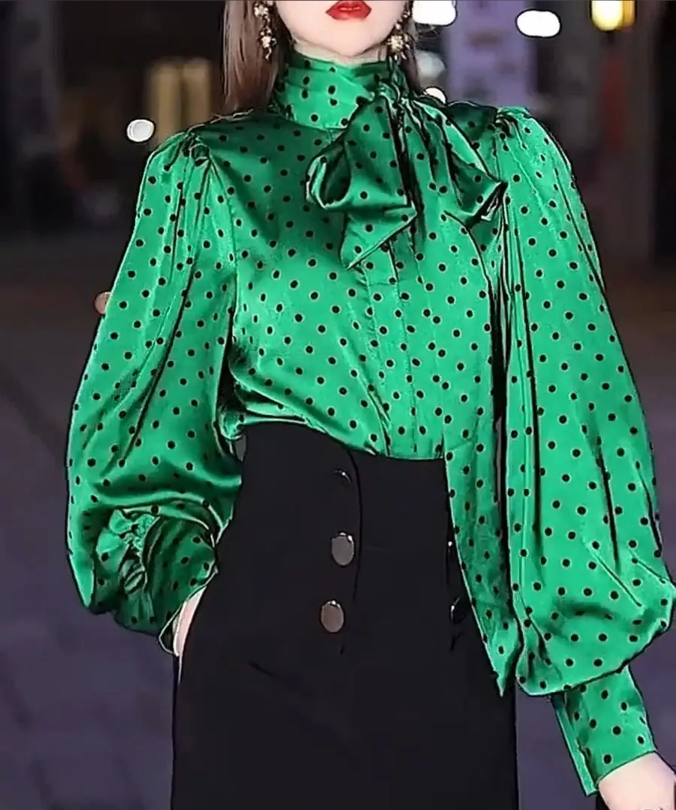 Fashion Scarf Collar Lace Up Bow Polka Dot Blouses