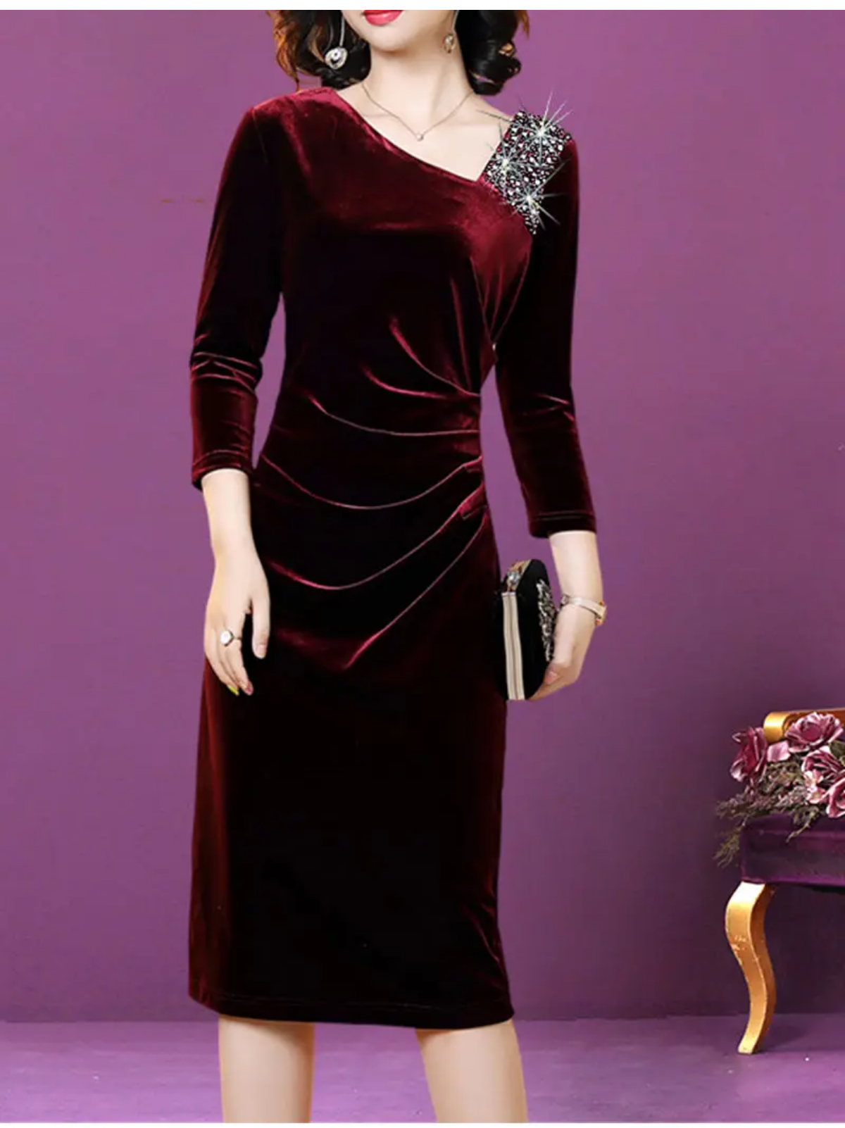 Elegant Skew Collar Solid Color Diamonds Folds Midi Dress