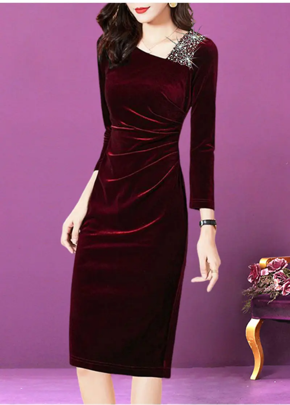 Elegant Skew Collar Solid Color Diamonds Folds Midi Dress