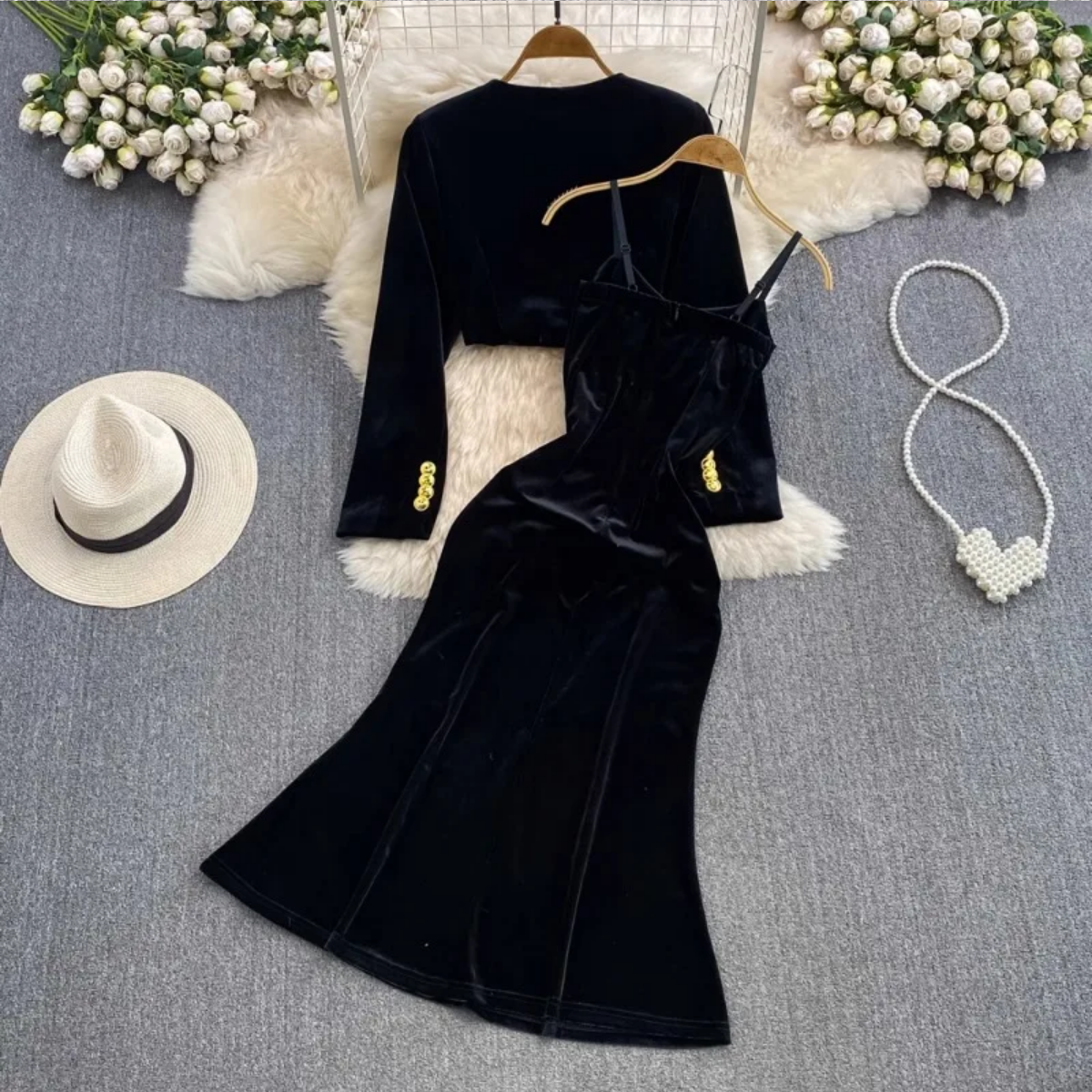 Elegant Fashion O-neck Long Sleeve Gold Velvet Coat + Slim Waist Bodycon Strap Dress