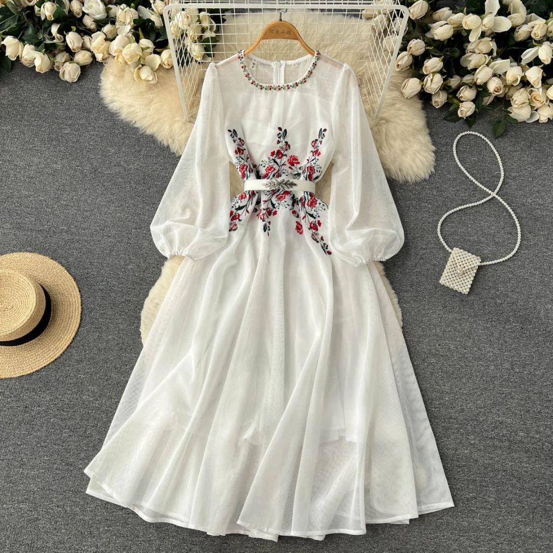 Autumn White/Beige Beading Embroidered Elegant O-Neck Puff Sleeve High Waist Long Dress