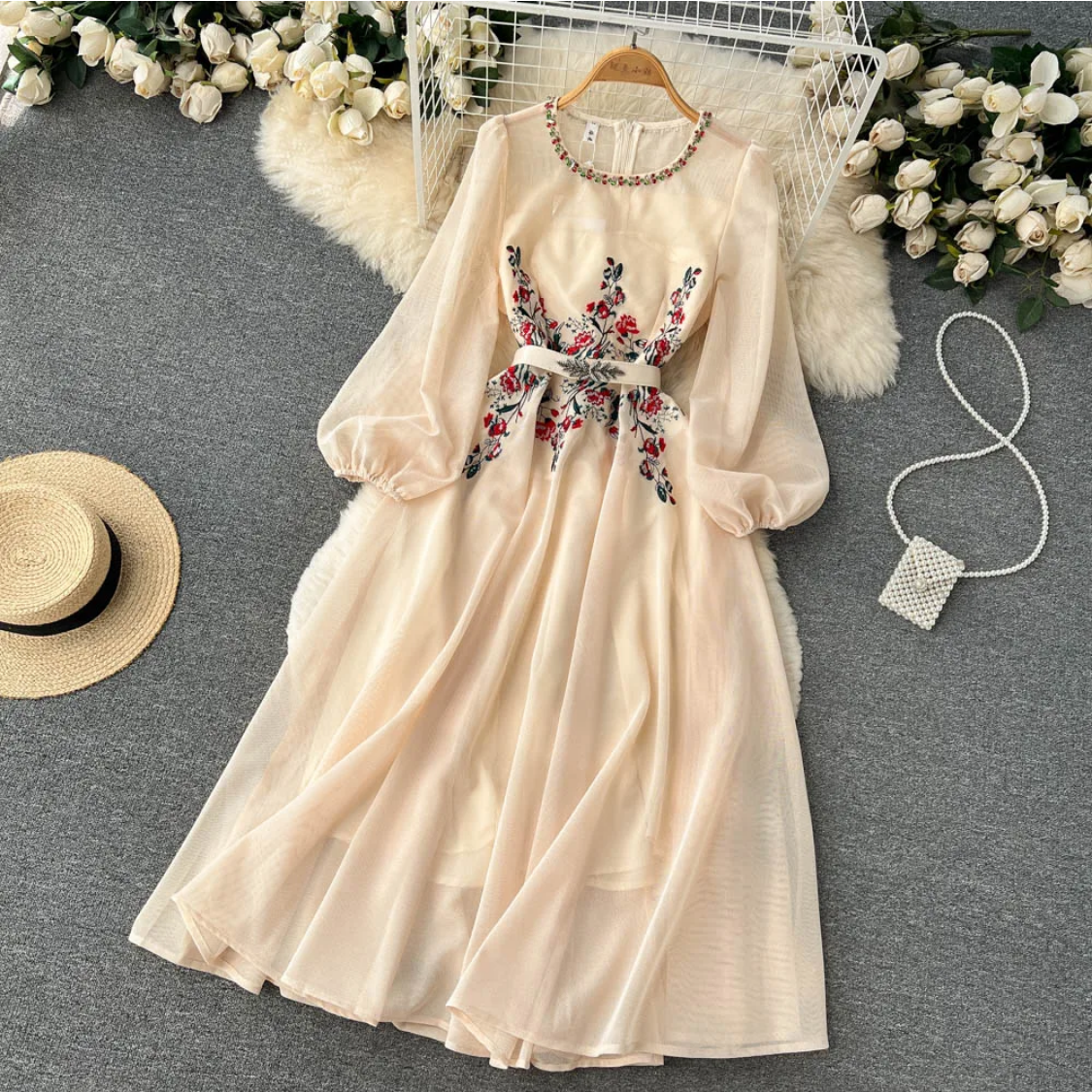 Autumn White/Beige Beading Embroidered Elegant O-Neck Puff Sleeve High Waist Long Dress