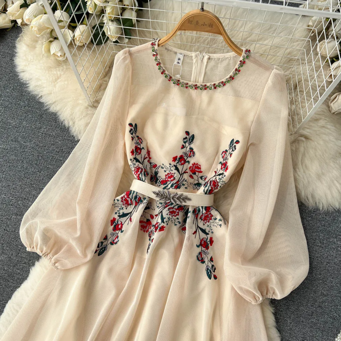 Autumn White/Beige Beading Embroidered Elegant O-Neck Puff Sleeve High Waist Long Dress