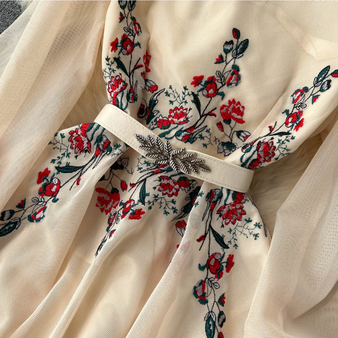 Autumn White/Beige Beading Embroidered Elegant O-Neck Puff Sleeve High Waist Long Dress