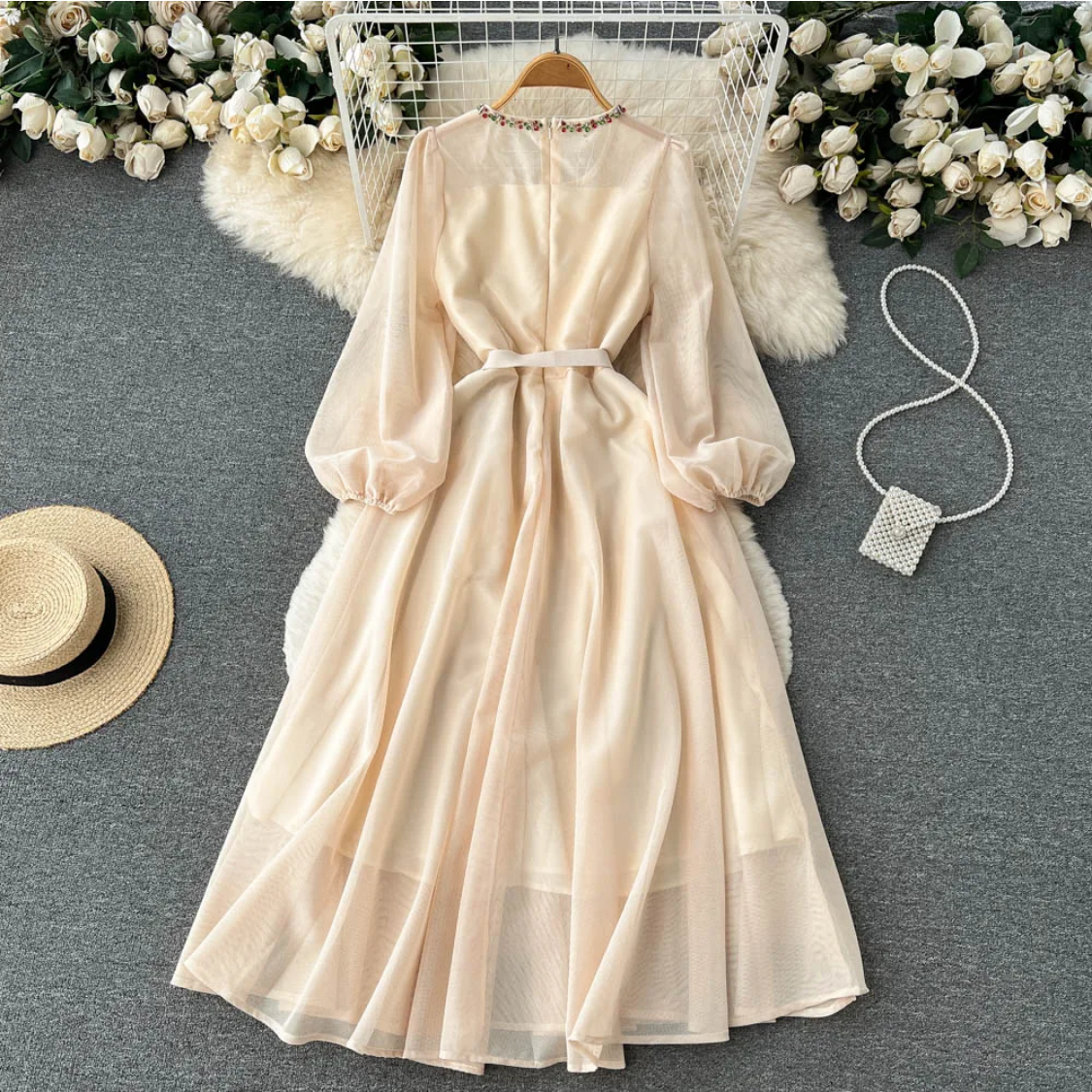 Autumn White/Beige Beading Embroidered Elegant O-Neck Puff Sleeve High Waist Long Dress