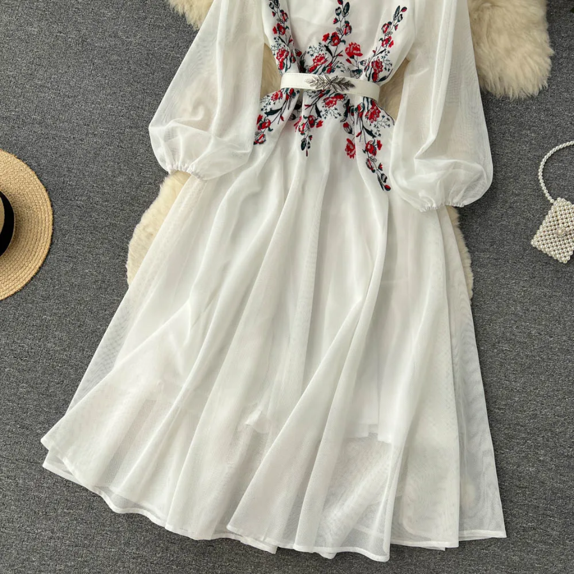 Autumn White/Beige Beading Embroidered Elegant O-Neck Puff Sleeve High Waist Long Dress