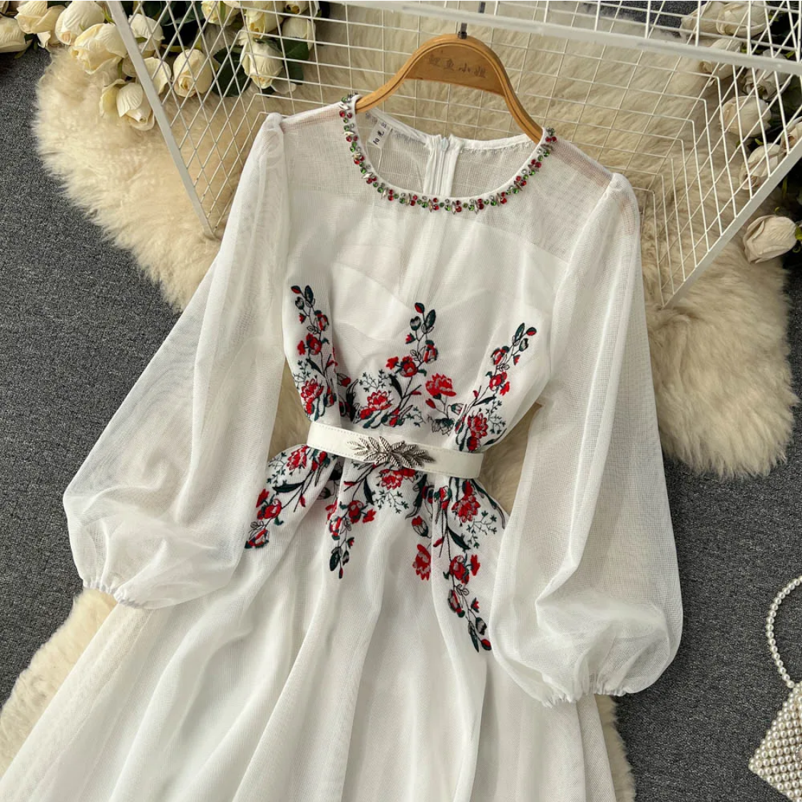 Autumn White/Beige Beading Embroidered Elegant O-Neck Puff Sleeve High Waist Long Dress