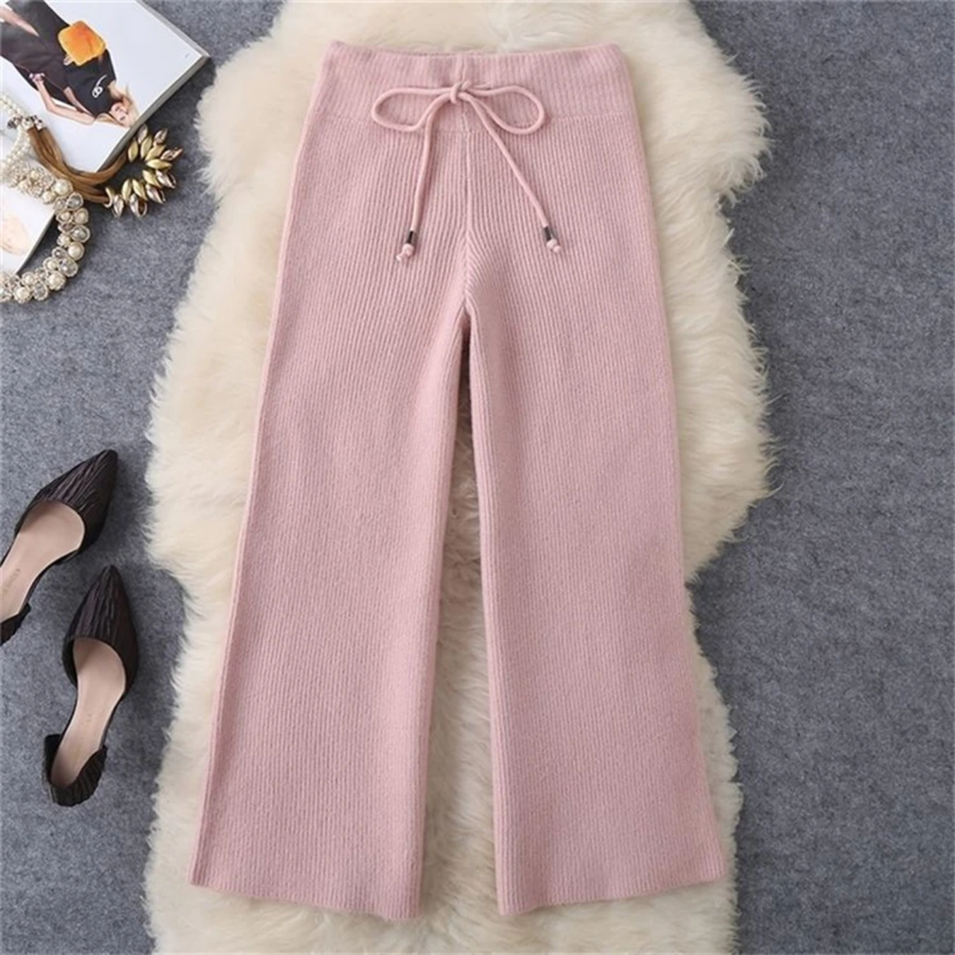 Winter Fall Knit  Half High Collar Warm Sweater Outfit Wide Leg Loose Pant Suits