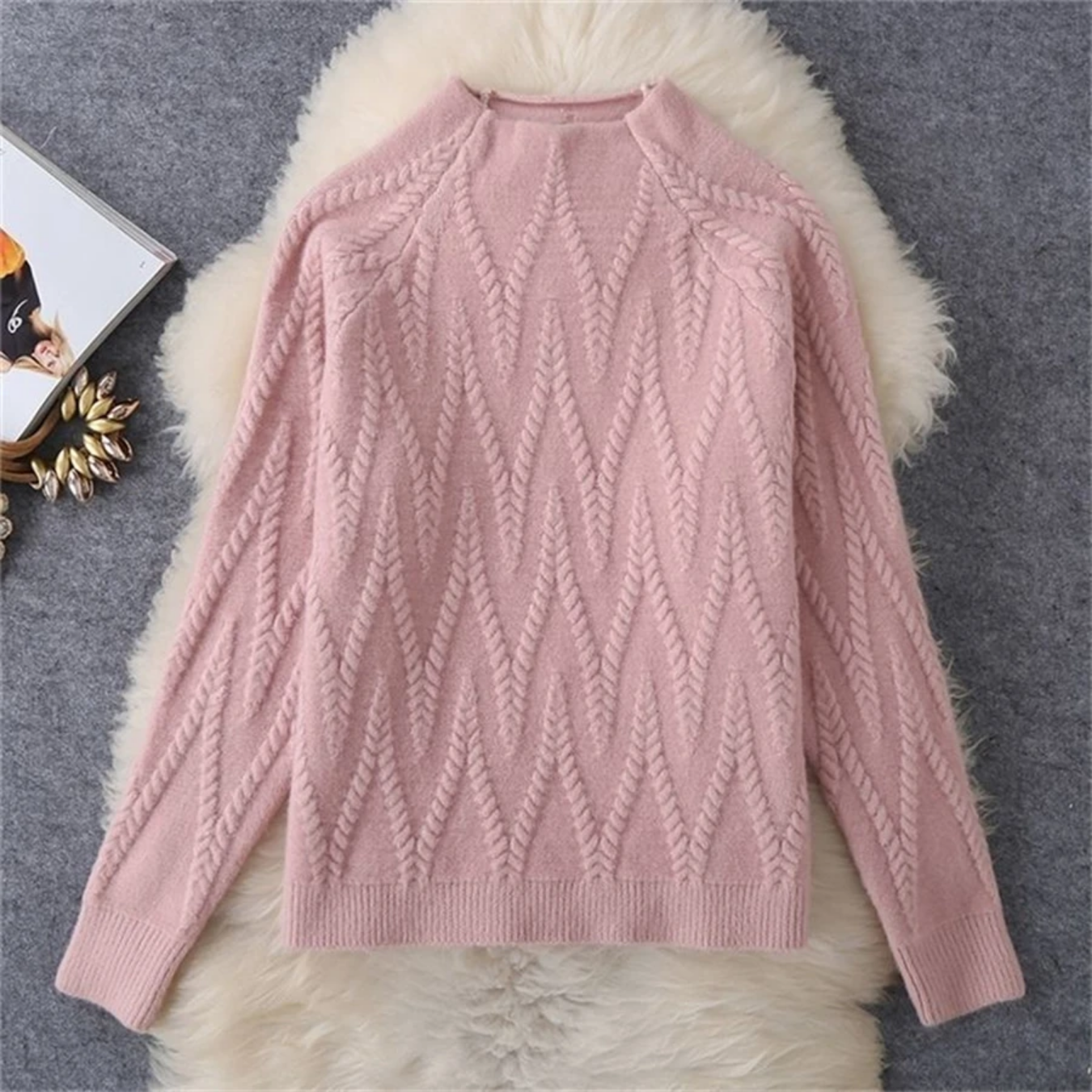 Winter Fall Knit  Half High Collar Warm Sweater Outfit Wide Leg Loose Pant Suits