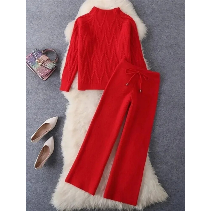 Winter Fall Knit  Half High Collar Warm Sweater Outfit Wide Leg Loose Pant Suits