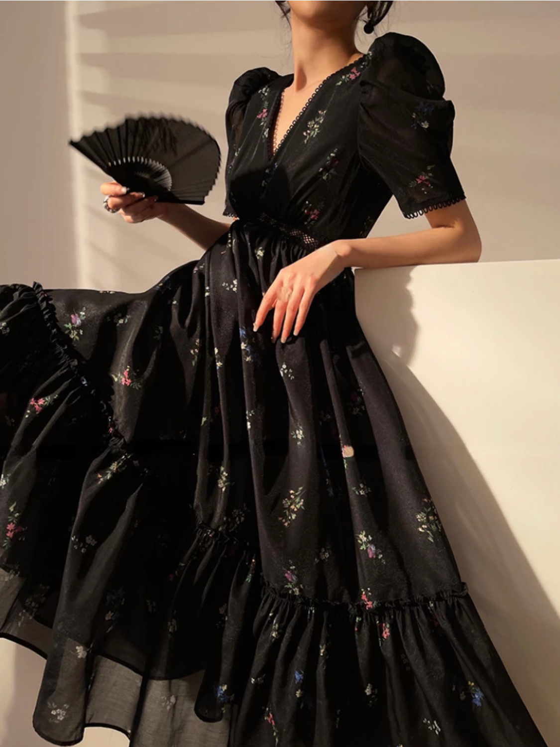 Vintage Black Floral Short Sleeve Elegant Dress