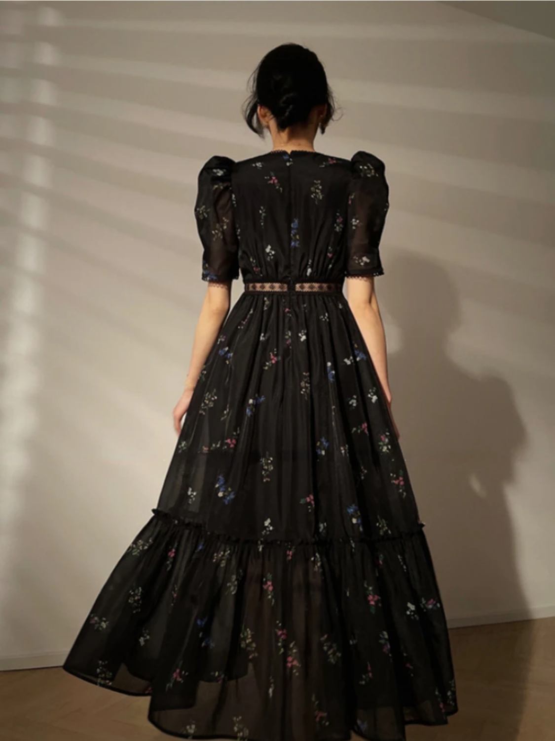 Vintage Black Floral Short Sleeve Elegant Dress