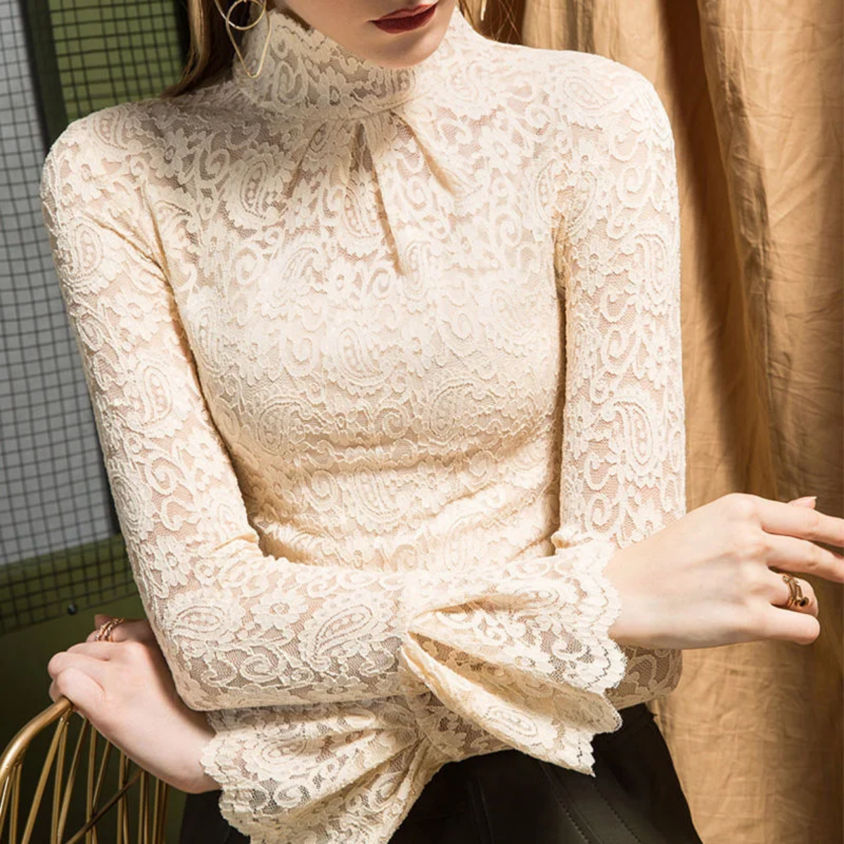 Elegant Ruffles Folds Hollow Out Lace Flare Sleeve Blouse