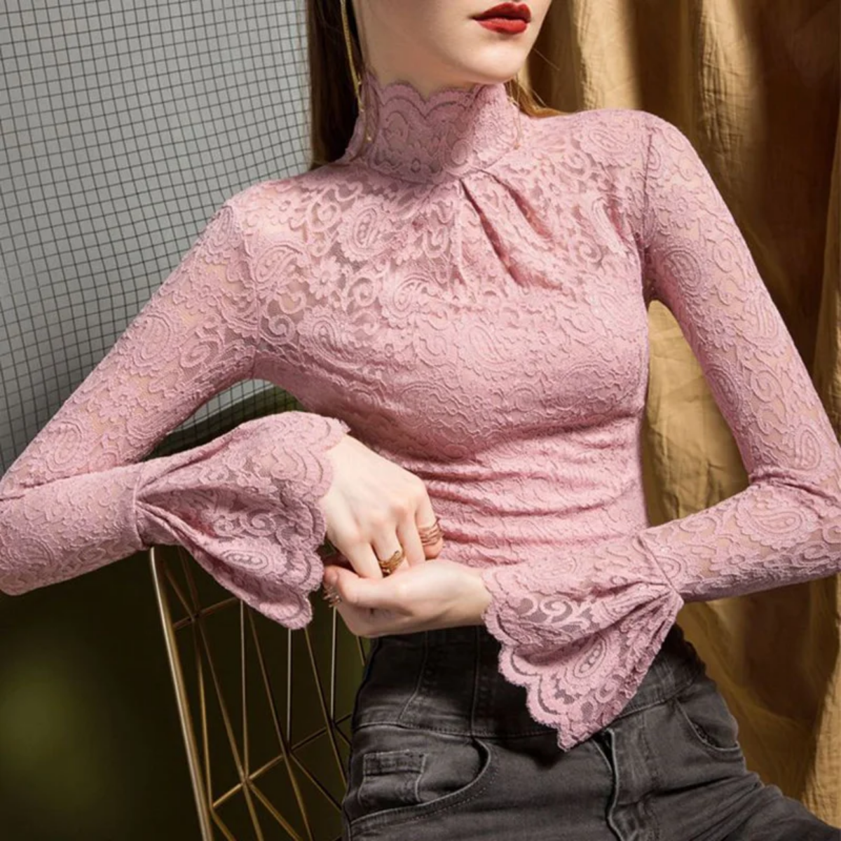 Elegant Ruffles Folds Hollow Out Lace Flare Sleeve Blouse