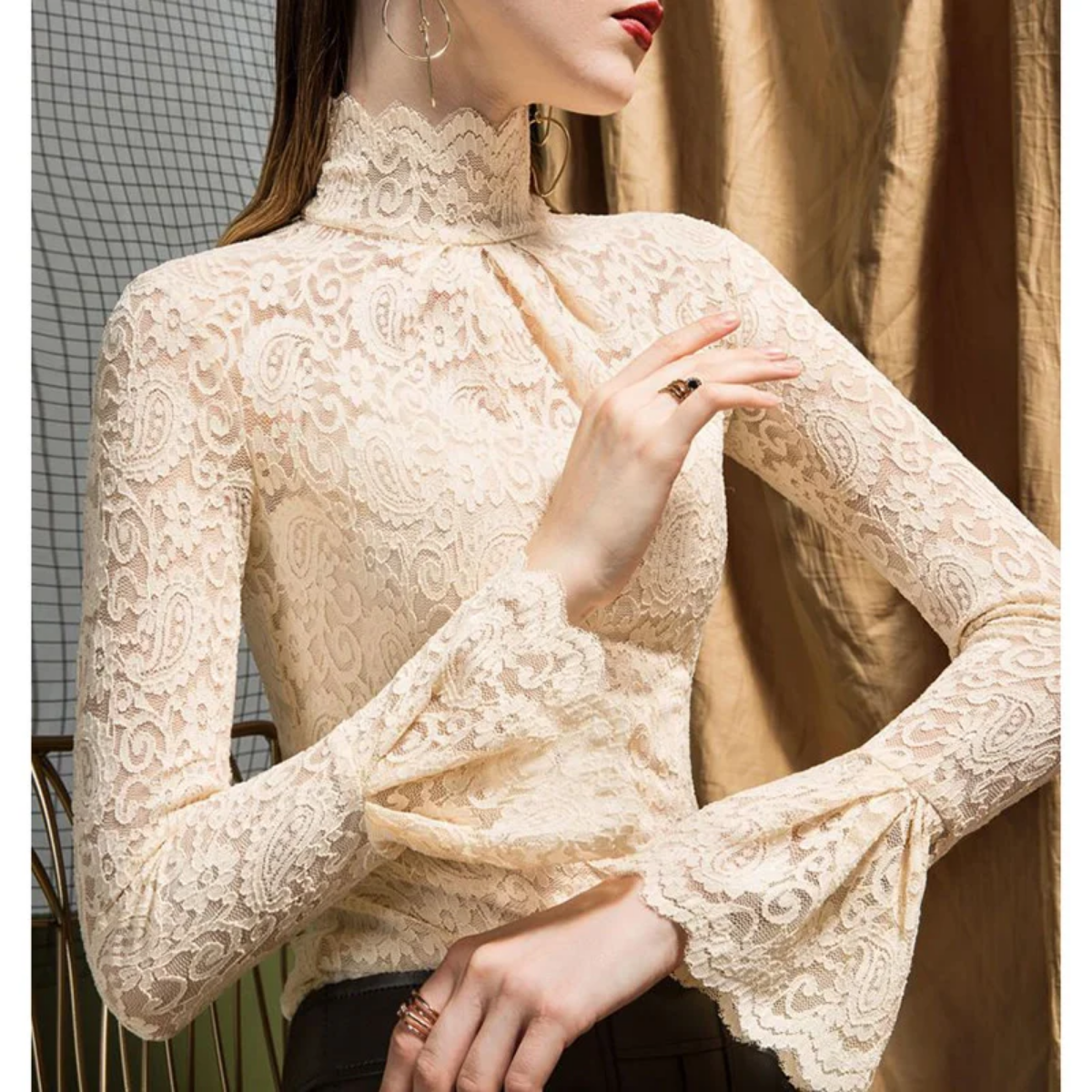 Elegant Ruffles Folds Hollow Out Lace Flare Sleeve Blouse