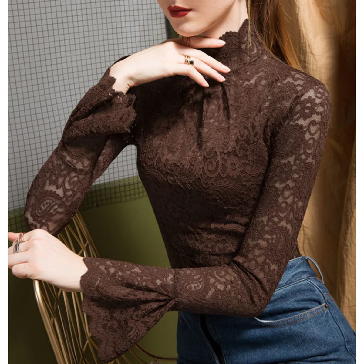 Elegant Ruffles Folds Hollow Out Lace Flare Sleeve Blouse