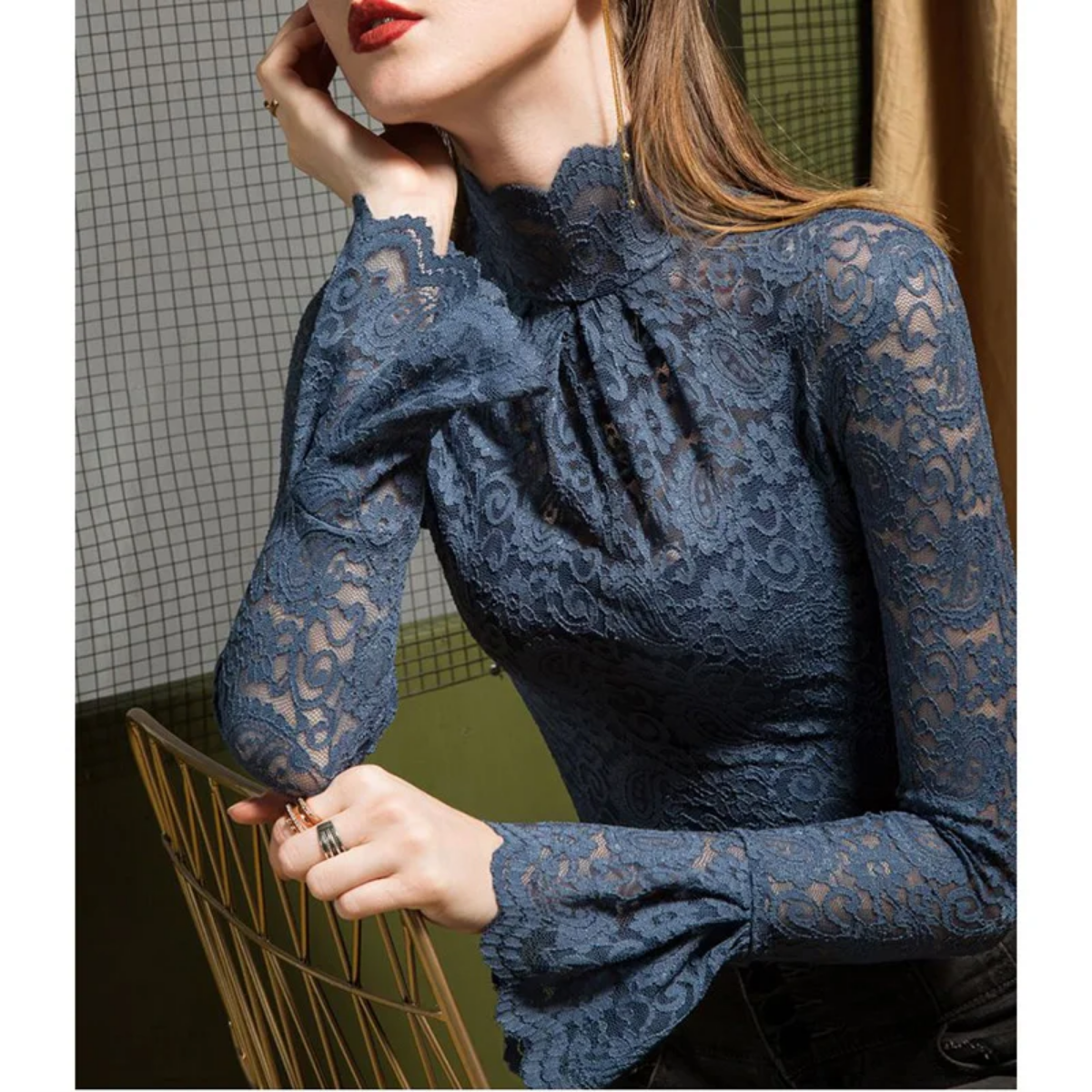 Elegant Ruffles Folds Hollow Out Lace Flare Sleeve Blouse