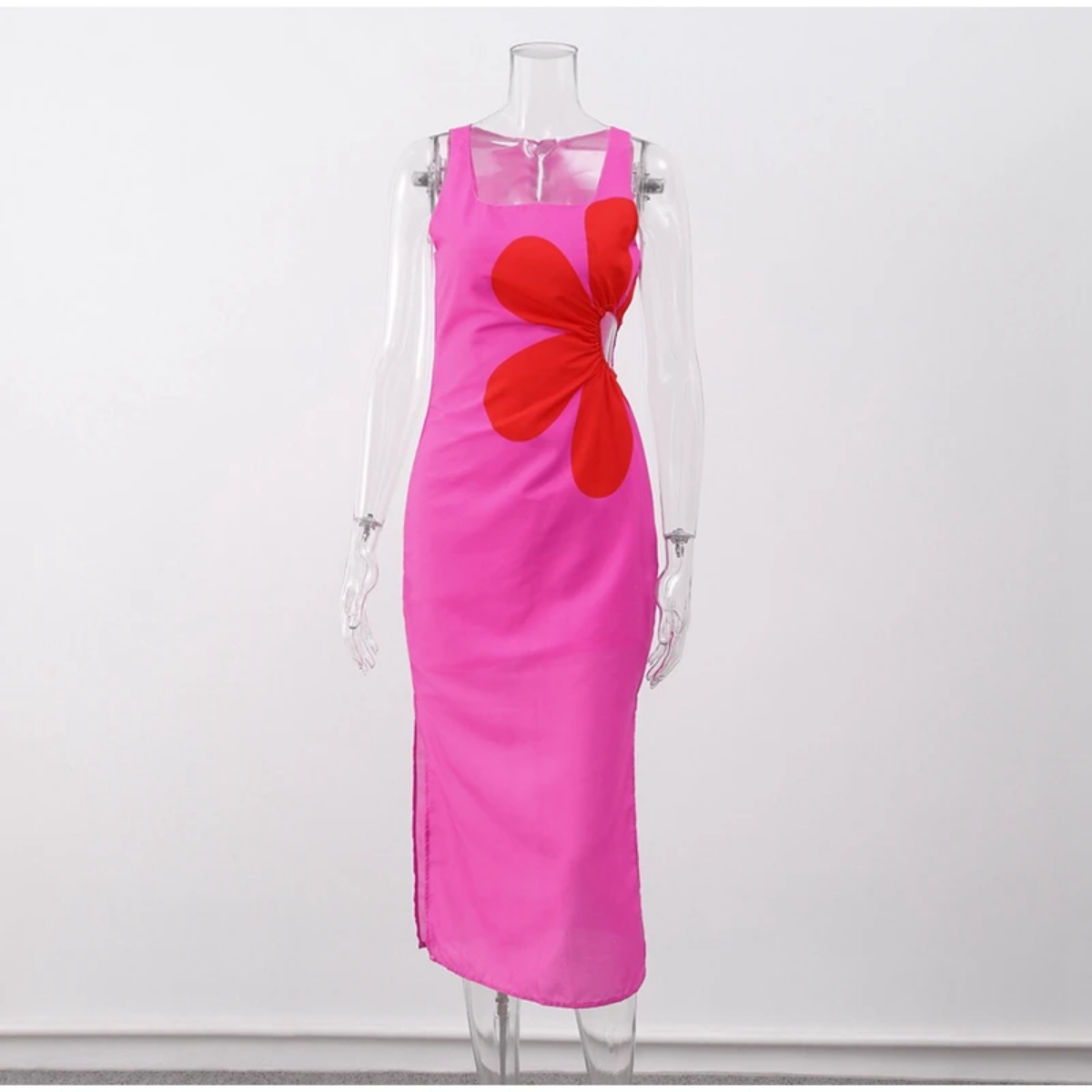 Floral Printed Waist Hollow Out Midi Dress | Sleeveless Back Zipper | 2024 Fashion | High Street Vestidos