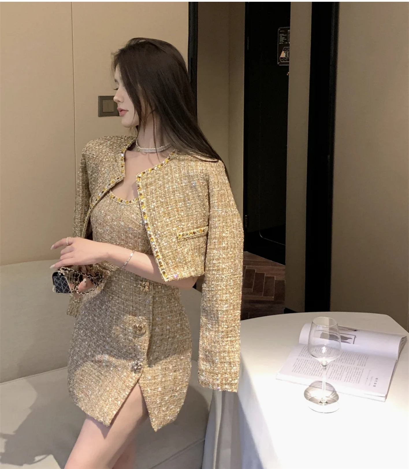 2023 Autumn Winter Gold Tweed Suit Jacket & Strap Mini Dress Set