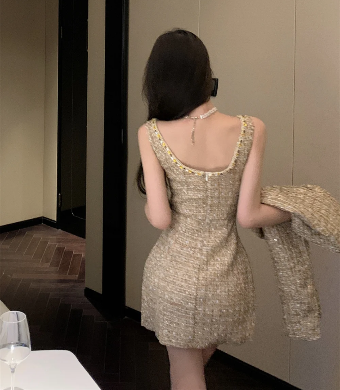 2023 Autumn Winter Gold Tweed Suit Jacket & Strap Mini Dress Set