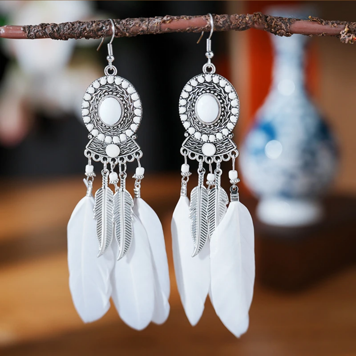 Handmade Bohemian Feather Drop Earrings