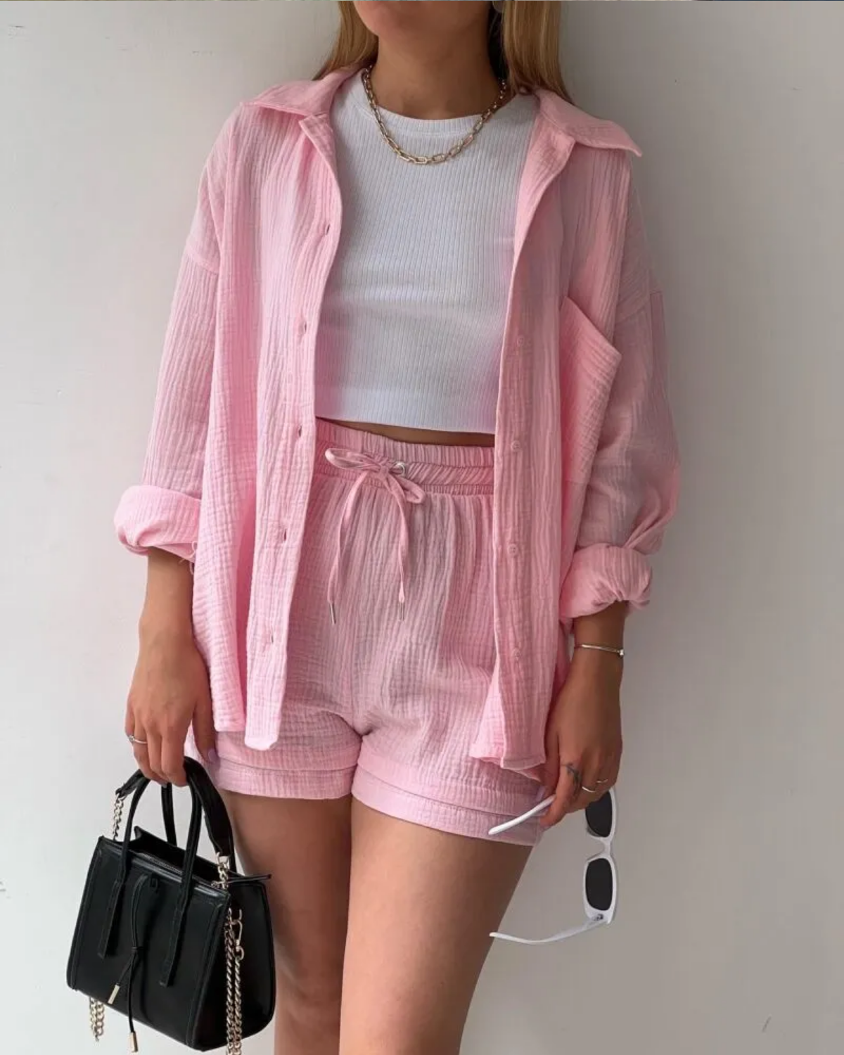 2023 Summer Solid Pleated Two Piece Set fCasual Long Sleeve Short Set with Fashionable Button Detail