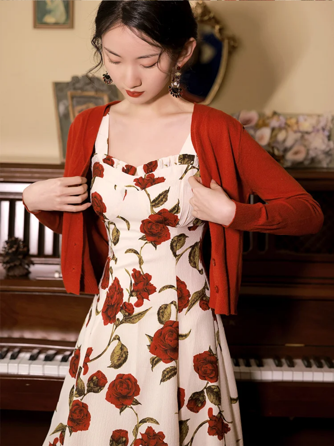 French Style Vintage Rose Print High Waist Midi Dress