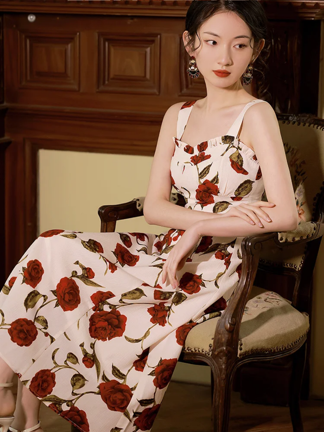 French Style Vintage Rose Print High Waist Midi Dress