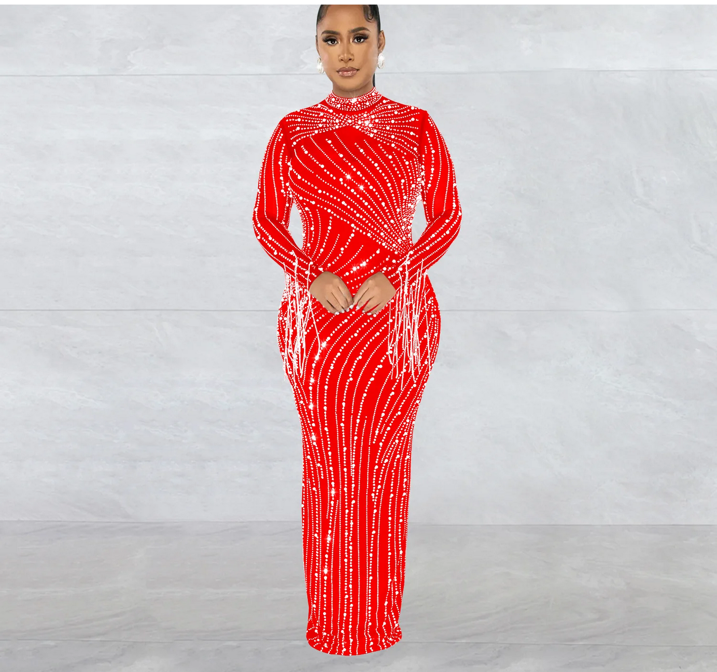 Mesh Tassel Long Sleeve Rhinestones Bodycon Midi Maxi Long Dress