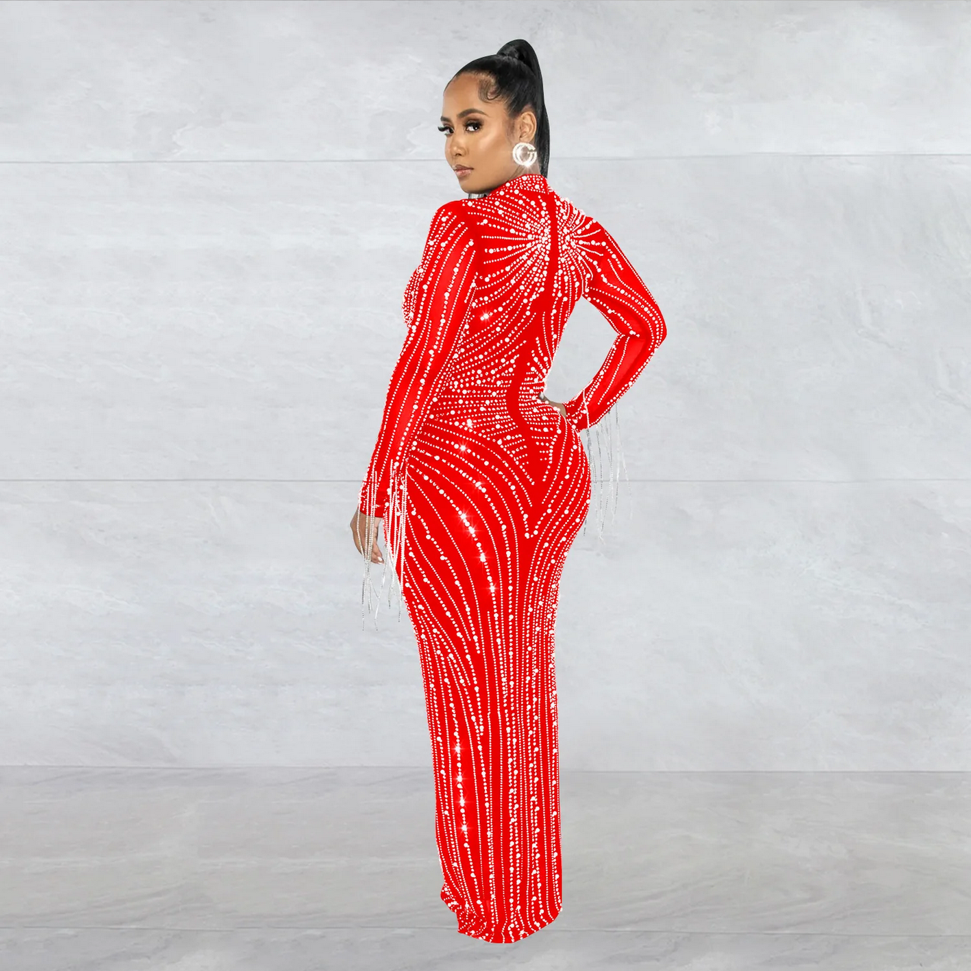 Mesh Tassel Long Sleeve Rhinestones Bodycon Midi Maxi Long Dress