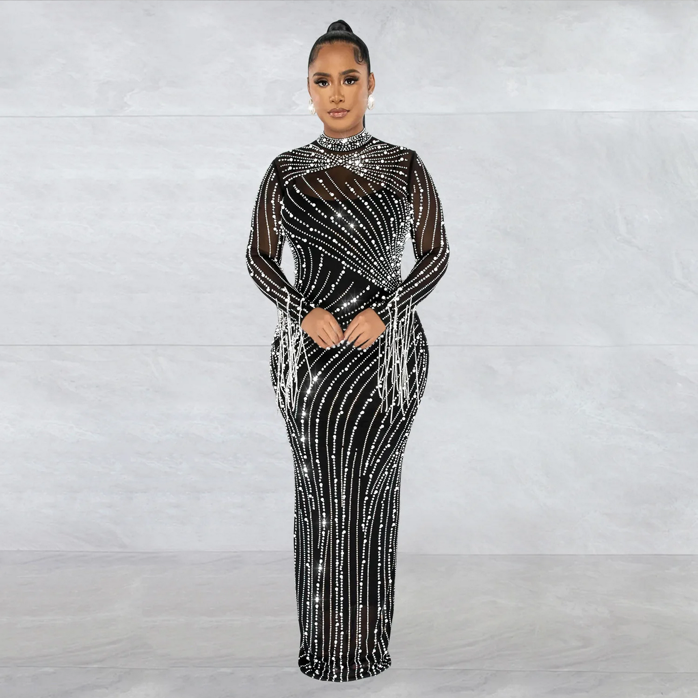 Mesh Tassel Long Sleeve Rhinestones Bodycon Midi Maxi Long Dress