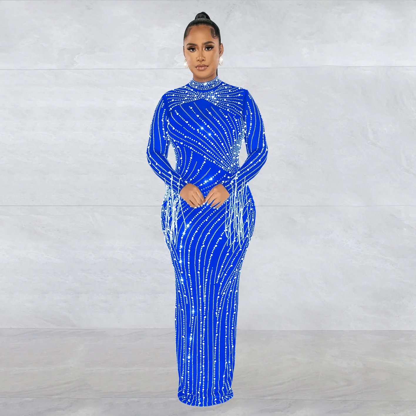 Mesh Tassel Long Sleeve Rhinestones Bodycon Midi Maxi Long Dress