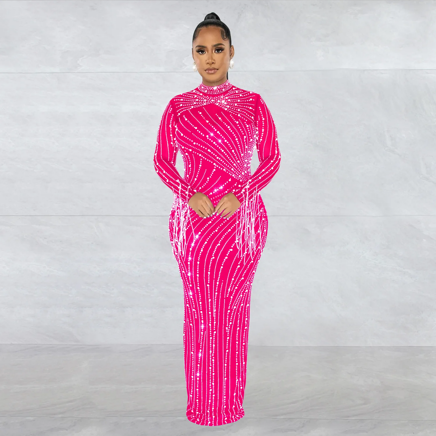 Mesh Tassel Long Sleeve Rhinestones Bodycon Midi Maxi Long Dress