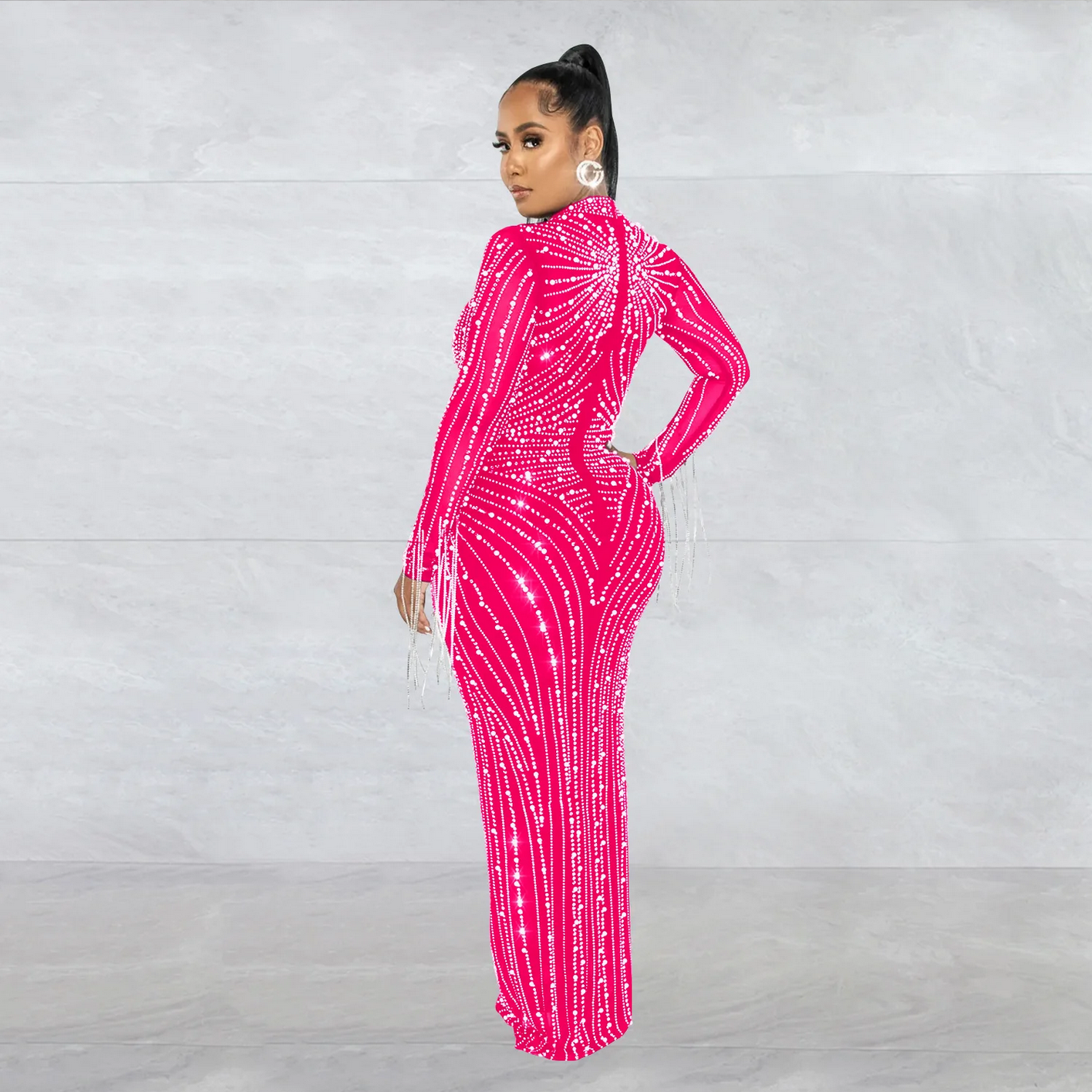 Mesh Tassel Long Sleeve Rhinestones Bodycon Midi Maxi Long Dress