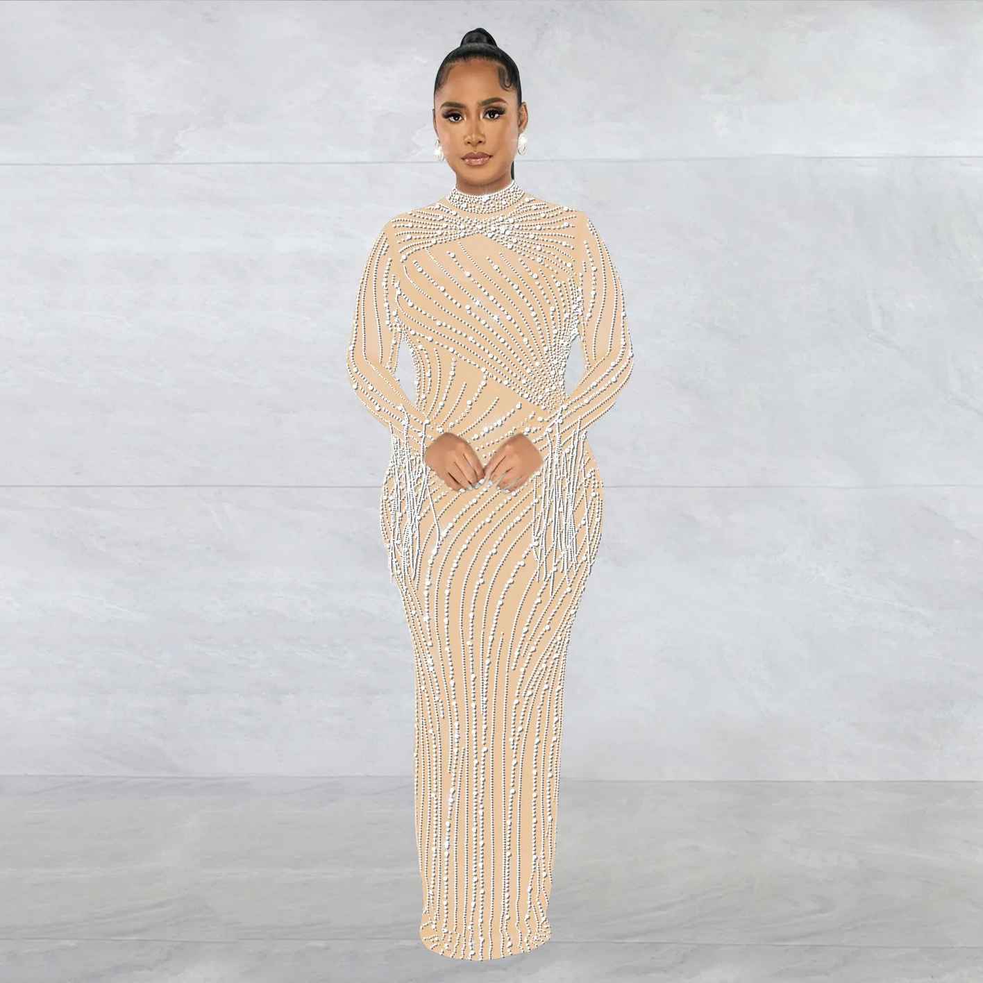 Mesh Tassel Long Sleeve Rhinestones Bodycon Midi Maxi Long Dress